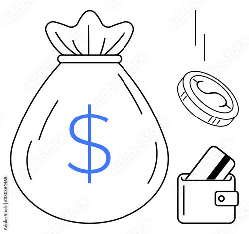 Money bag with blue dollar sign, falling coin, wallet holding a credit card. Ideal for finance, banking, savings, investments, e-commerce budgeting and monetary transactions. Line metaphor