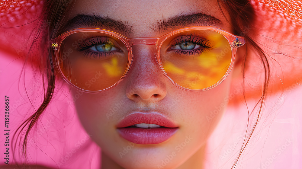 Fototapeta premium Bright summer portrait featuring a young woman with vibrant sunglasses and a large hat against a pink backdrop. Generative AI