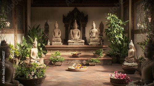 Serene indoor Asian shrine with Buddha statues, plants, and offerings. photo