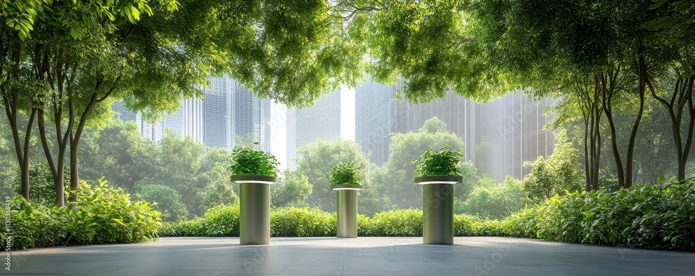 Fototapeta premium Sunlit Urban Park Featuring Air Purifying Devices for a Cleaner, Greener Environment