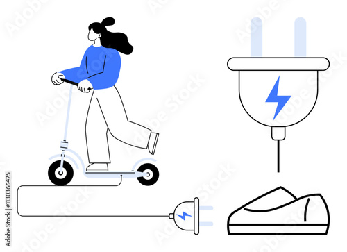 Woman in blue sweater rides an electric scooter. Includes large power plug, charging cable, and riding shoe. Ideal for eco-friendly transport, urban mobility, sustainability, commuting, electric