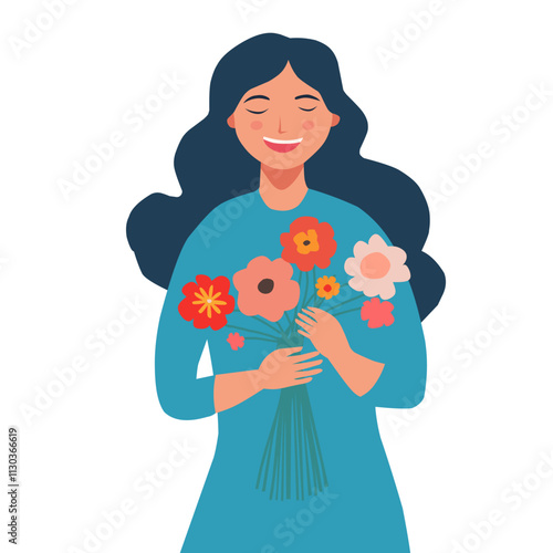 A happy woman with long, dark hair smiles serenely while holding a colorful bouquet of flowers close to her chest.