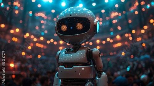 a small sized futuristic humanoid robot standing on stage, presentation stage, with crowd in front, dark surrounding, cinematic night lighting photo