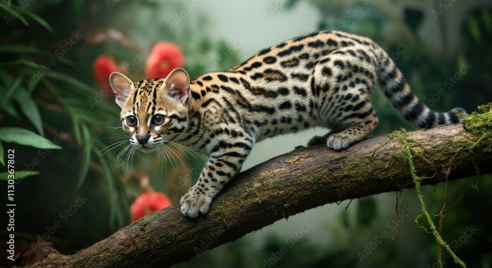 Obraz premium Majestic ocelot in jungle setting with lush greenery and red blossoms