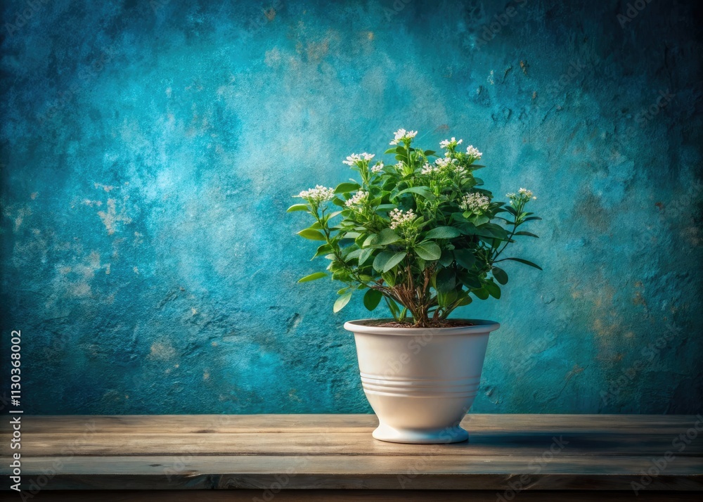Dreamy blue wall backdrop, white flowers and vibrant green leaves double exposed for a surreal potted plant image. Dreamy blue wall backdrop, white flowers and vibrant green leaves double exposed for a surreal potted plant image.