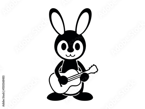 A cute rabbit playing guitar. Smiling rabbit playing guitar with a happy expression suitable for children's books, music related designs