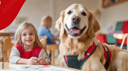 A dog with a therapy vest sitting next to a child drawing in an art therapy session