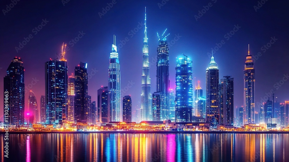 Obraz premium Bright City Skyline with Glowing Skyscrapers at Night