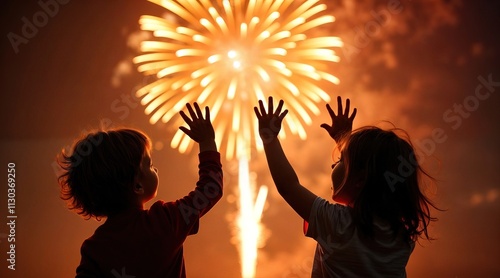 Banner for New Year's Eve. Two Children enjoying fireworks display during festive celebration. Holiday and joy.  photo