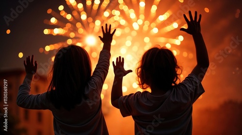 Banner for New Year's Eve. Two Children enjoying fireworks display during festive celebration. Holiday and joy.  photo