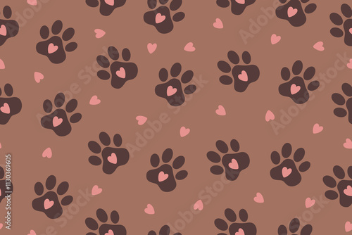 Seamless pattern with the image of the silhouette of a pet's paw. Abstract animal wallpaper, fabric design and decor. Background color of the year 2025 Mocha Mousse. Vector 