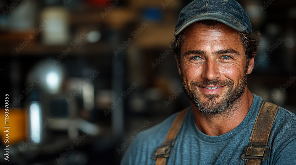 Obraz premium Craftsmanship shines through a smiling worker in a workshop setting with tools and machines in the background. Generative AI