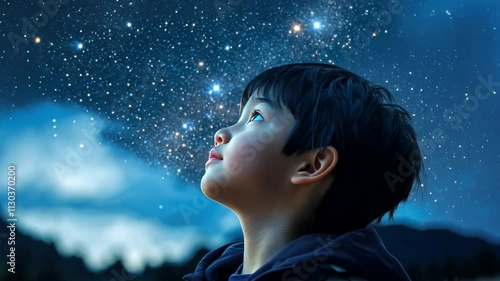 A boy uses recycled eco-friendly equipment for night sky viewing and stargazing adventures