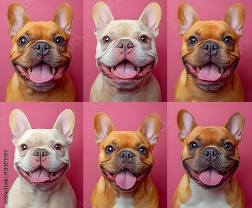 A playful group of white French Bulldog puppies, purebred and adorable, sit together on a white background in this charming studio  photo