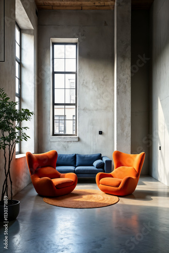 A sleek and modern living room scene: a stark concrete wall provides a dramatic backdrop for a minimalist design. Two vibrant orange armchairs sit harmoniously alongside a dark blue sofa, their bold c