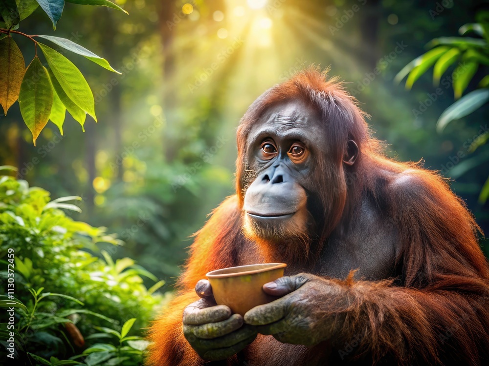 Fototapeta premium Majestic Orangutan Sipping Tea in the Jungle: A Serene Moment of Contemplation