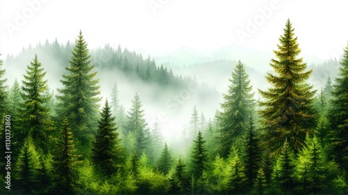 This watercolour seamless surface pattern tile features a modern, delicate, misty, foggy eco line of pine, spruce, and fir forest pattern on a white isolated background