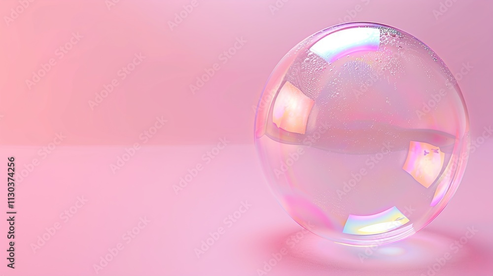 A delicate soap bubble floating with a rainbow sheen on a solid pastel pink background.