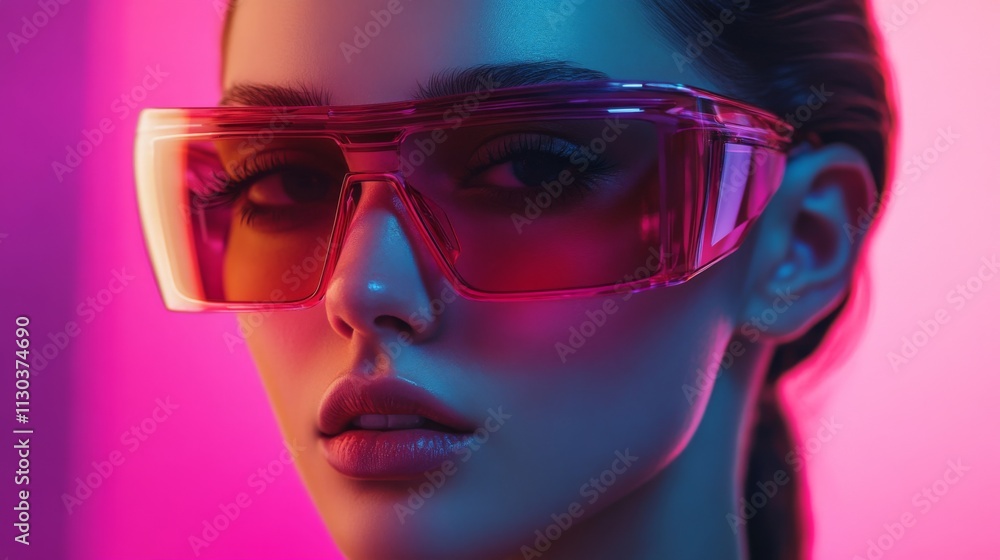 Stylish woman wearing orange sunglasses in vibrant neon lighting Stylish woman wearing orange sunglasses in vibrant neon lighting