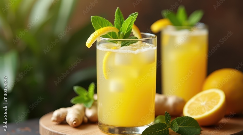 Fototapeta premium A refreshing glass of homemade ginger lemonade garnished with mint and lemon slices, placed on a wooden surface with ginger root and whole lemons in the background