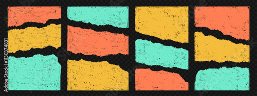 Grunge style geometric torn paper trendy set. Abstract vector illustration in bright color.