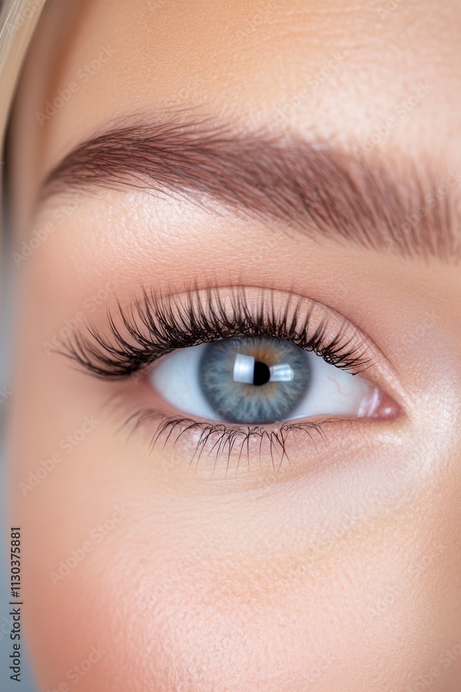 Fototapeta premium Lash Tech woman with beautiful lash extensions. White background beauty shot, medspa beauty editorial closeup eyes, gorgeous lashes instagram feed aesthetic esthetician full lashes volume