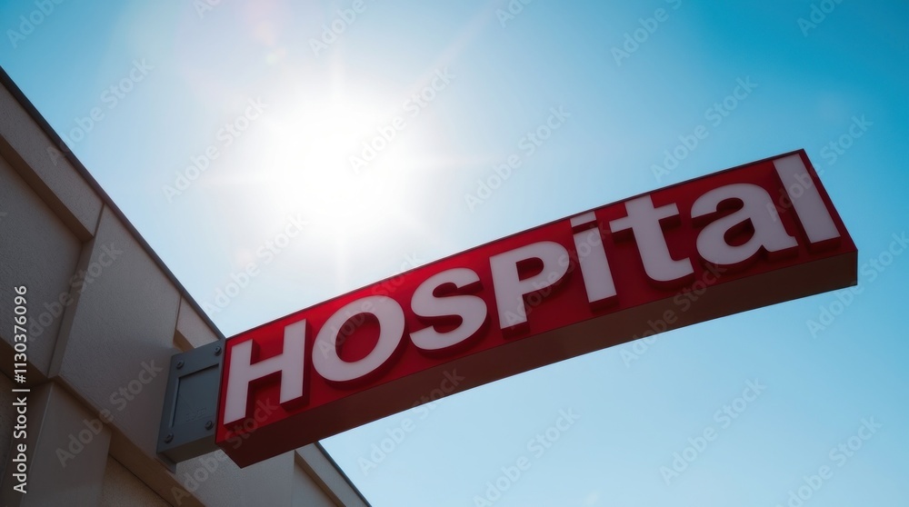 Obraz premium Bright hospital sign under the sun with a clear blue sky for medical facility identification