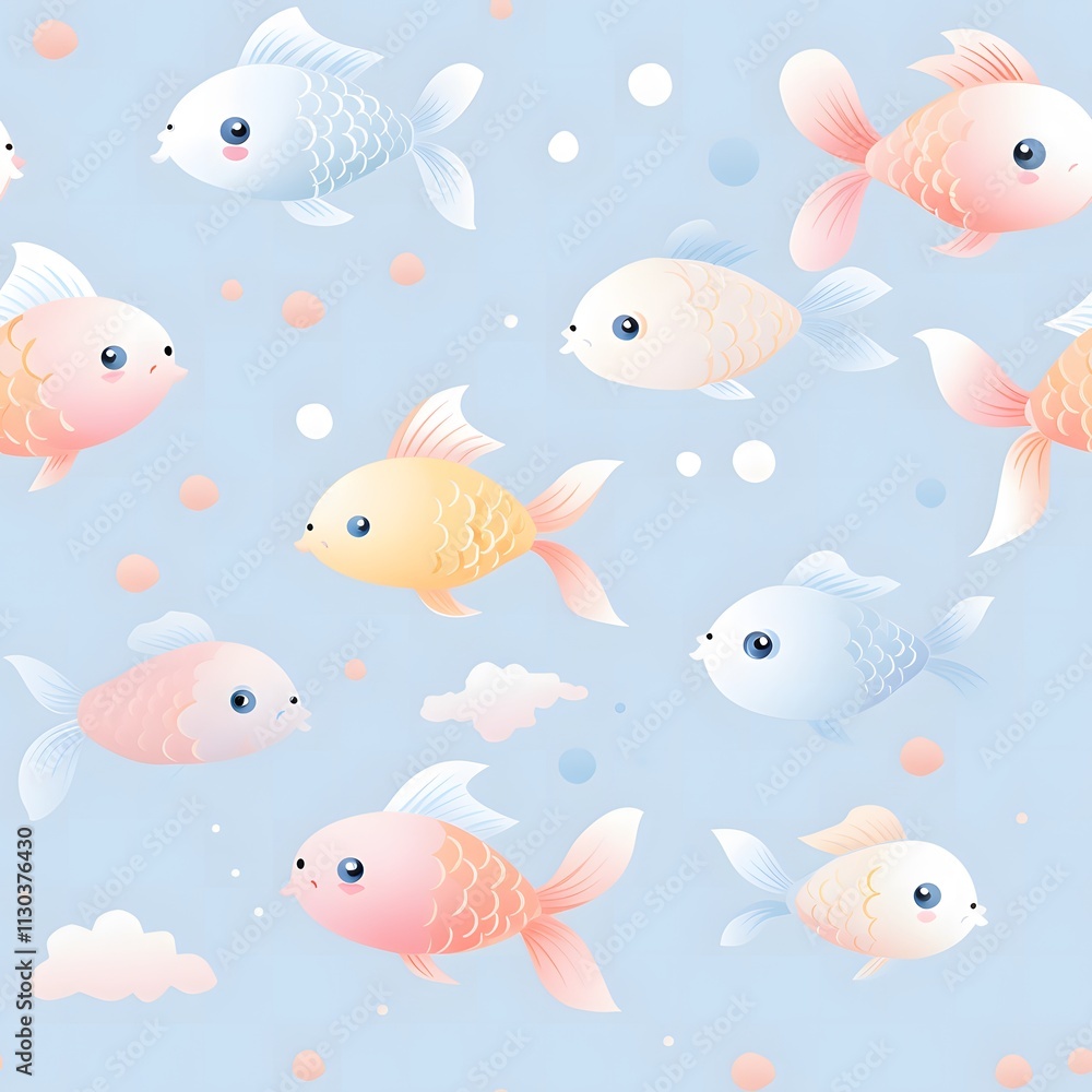 Fototapeta premium Colorful playful fish swimming in a bright blue ocean illustrated background whimsical style underwater view fun concept