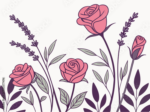 Roses and lavender stems forming a fragrant-inspired border.
