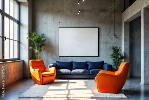 A sleek and modern living room scene: a stark concrete wall provides a dramatic backdrop for a minimalist design. Two vibrant orange armchairs sit harmoniously alongside a dark blue sofa, their bold c