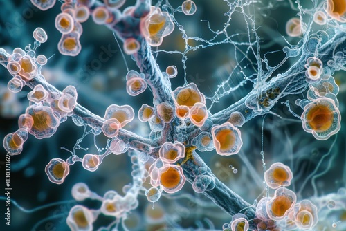 Fungal Hyphae and Spores: A high-resolution shot showing fungal hyphae intertwined with spore clusters, emphasizing the relationship between vegetative and reproductive structures.