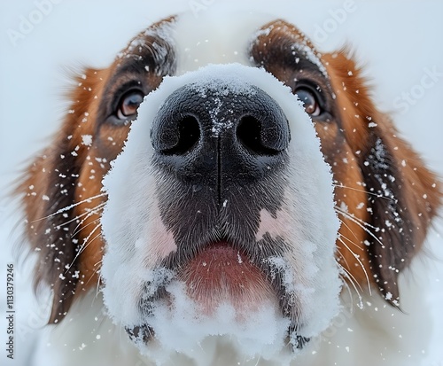 A purebred Saint Bernard dog with white and brown fur enjoys a playful romp in the snow during the winter photo