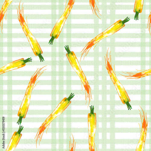 Watercolor vegetable carrot pattern on cage background, juicy fresh. Watercolor illustration