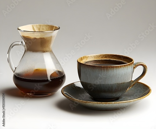 White porcelain cup and saucer with a steaming hot espresso, isolated on a white background photo