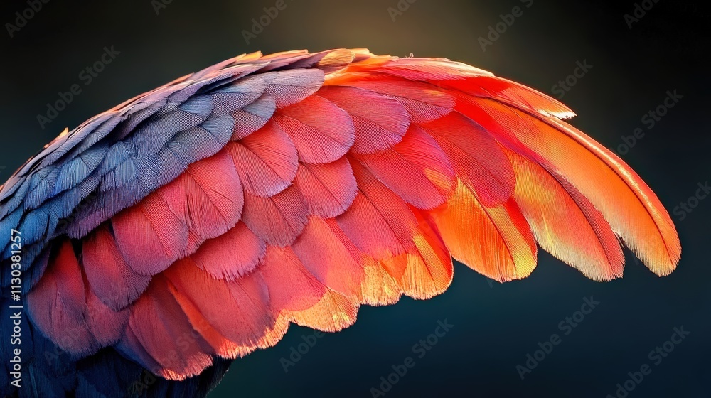 Fototapeta premium A radiant feather from a scarlet ibis, showing a gradient of vibrant red and orange tones