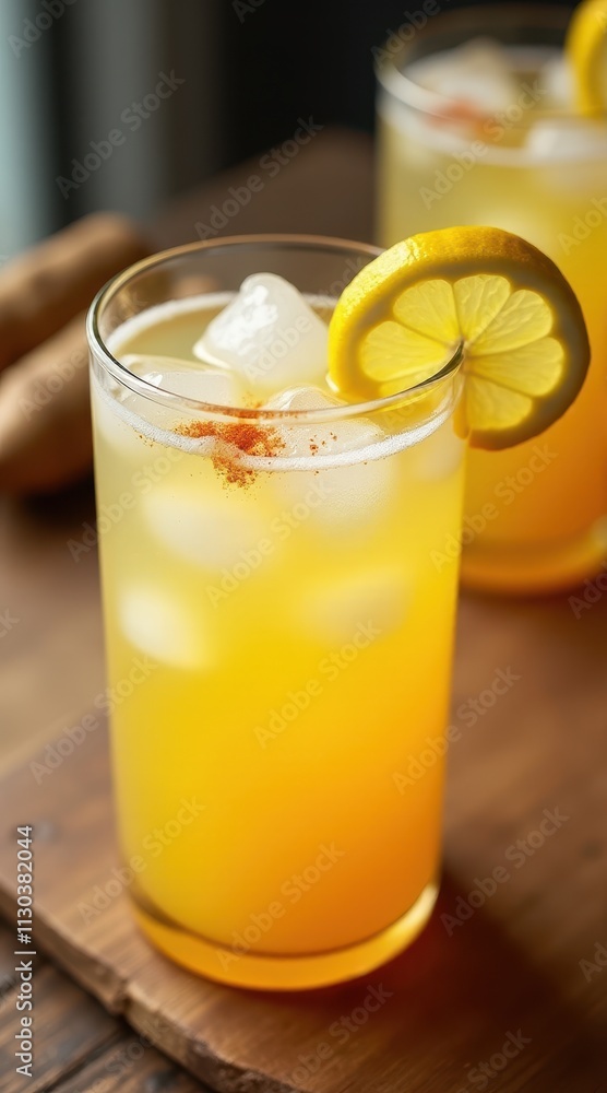 Fototapeta premium Refreshing turmeric lemonade served in a glass with ice cubes and lemon slice garnish