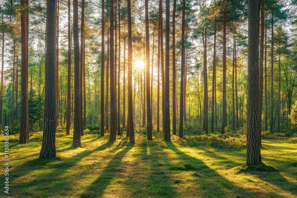 Fototapeta premium Majestic sunlight filtering through a dense pine forest at dawn nature photography tranquil landscape lush environment serene viewpoint pine ecosystem exploration
