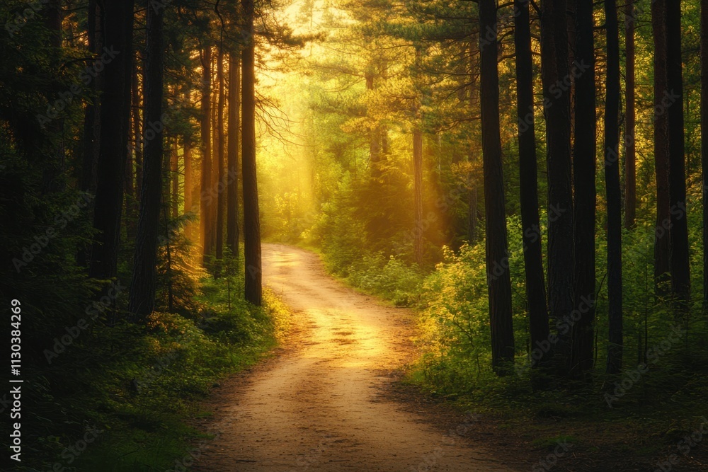 Fototapeta premium A scenic path through lush pine trees at dawn nature photography serene environment captured from a ground-level perspective for peaceful exploration