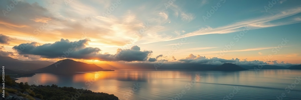Fototapeta premium Softly glowing clouds over a tranquil mountain lake at sunset, nature, soft