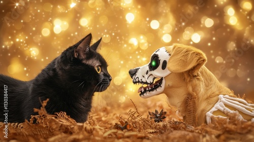 A black cat and a spooky skeleton dog costume are popular choices for Halloween pet costumes, complete with glow in the dark accents and eerie sound effects. photo