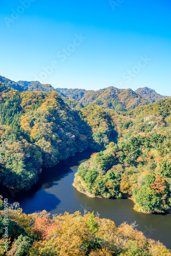 秋の竜神大吊橋から見た景色　茨城県常陸太田市　Autumn view from Ryujin Suspension Bridge. Ibaraki Pref,  Hitachiota City. photo