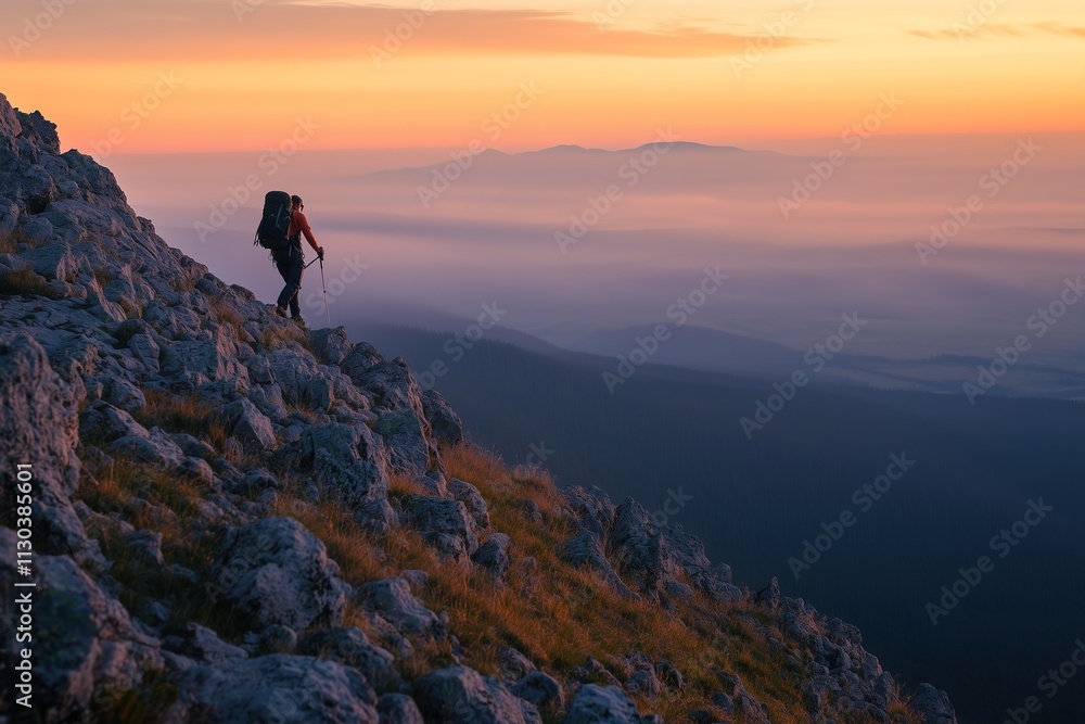 Obraz premium A lone hiker climbs a majestic mountain at dawn