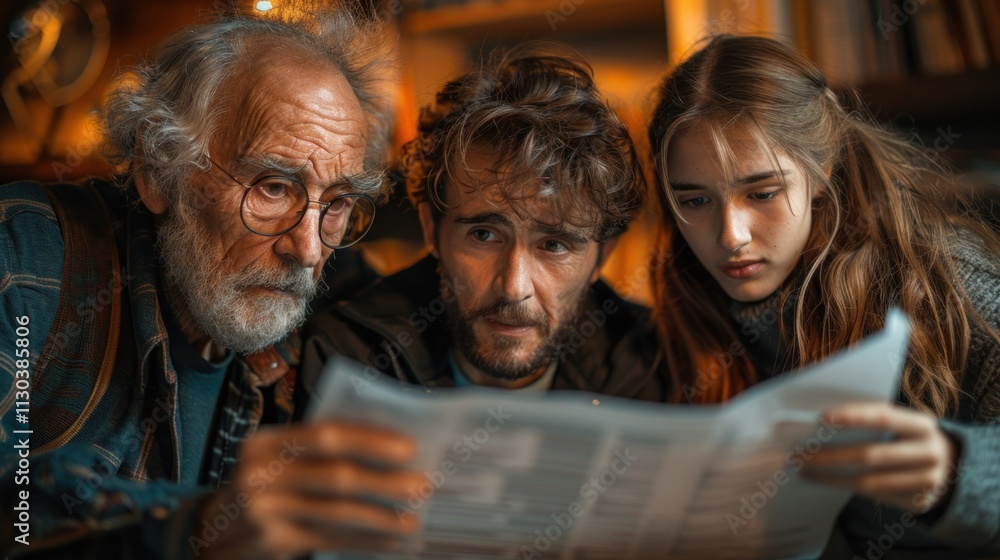 Obraz premium Senior man reading newspaper with his young daughter and granddaughter on background.