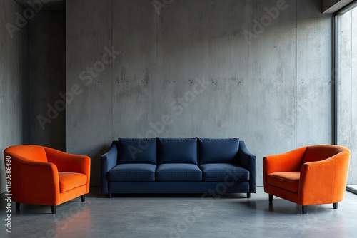 A sleek and modern living room scene: a stark concrete wall provides a dramatic backdrop for a minimalist design. Two vibrant orange armchairs sit harmoniously alongside a dark blue sofa, their bold c