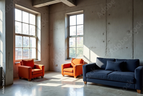 A sleek and modern living room scene: a stark concrete wall provides a dramatic backdrop for a minimalist design. Two vibrant orange armchairs sit harmoniously alongside a dark blue sofa, their bold c