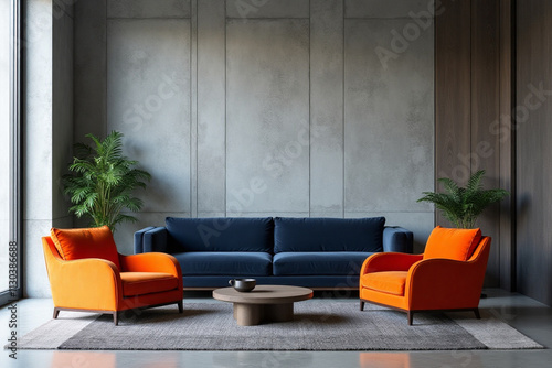 A sleek and modern living room scene: a stark concrete wall provides a dramatic backdrop for a minimalist design. Two vibrant orange armchairs sit harmoniously alongside a dark blue sofa, their bold c