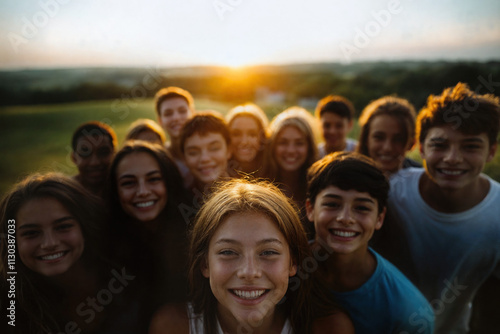 diverse group of teenagers, youth selfie in the park, friends and neighbours, kids, siblings, cousins. Themes of diversity, happiness, friendship, race, moments. premium quality high res image photo