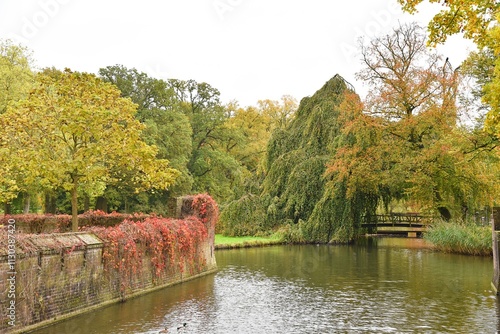 Utrecht, Netherlands. October 5, 2024. Park with pond in autumn colors.