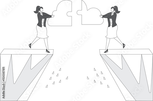 Merger, reorganization or consolidation, cooperation, partnership, teamwork and support, business or friendship bridge, two businesswomen joined together in a jigsaw puzzle