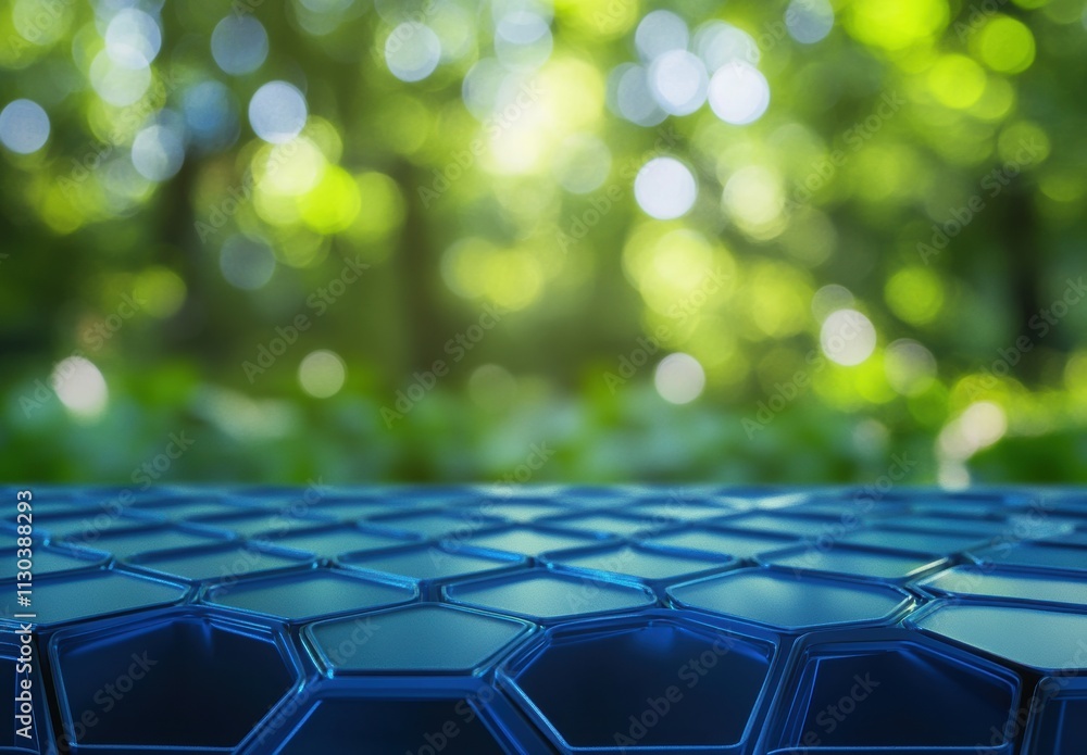 Obraz premium Blue Hexagonal Pattern Surface with Green Nature Background Blur